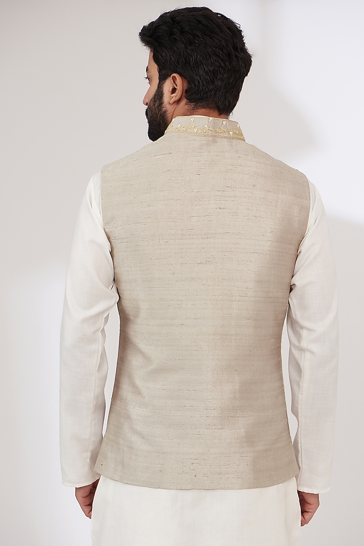 Grey Raw Silk Embroidered Nehru Jacket by Yashodhara Men at Pernia's Pop Up Shop