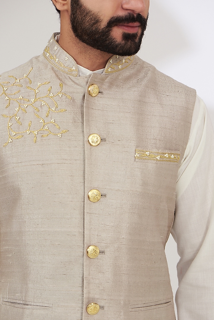 Grey Raw Silk Embroidered Nehru Jacket by Yashodhara Men at Pernia's Pop Up Shop