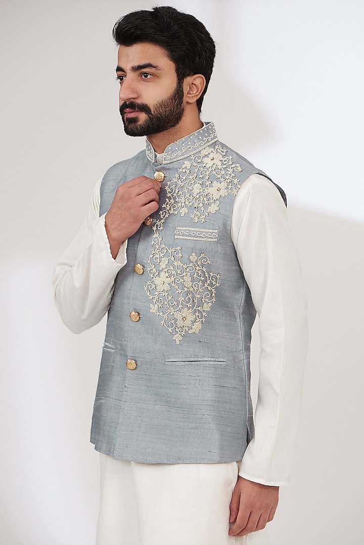 Dull Blue Raw Silk Embroidered Nehru Jacket by Yashodhara Men