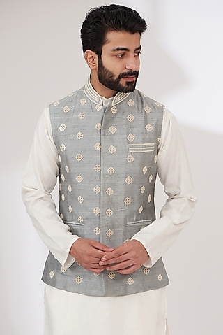 Dull Blue Raw Silk Embroidered Nehru Jacket by Yashodhara Men