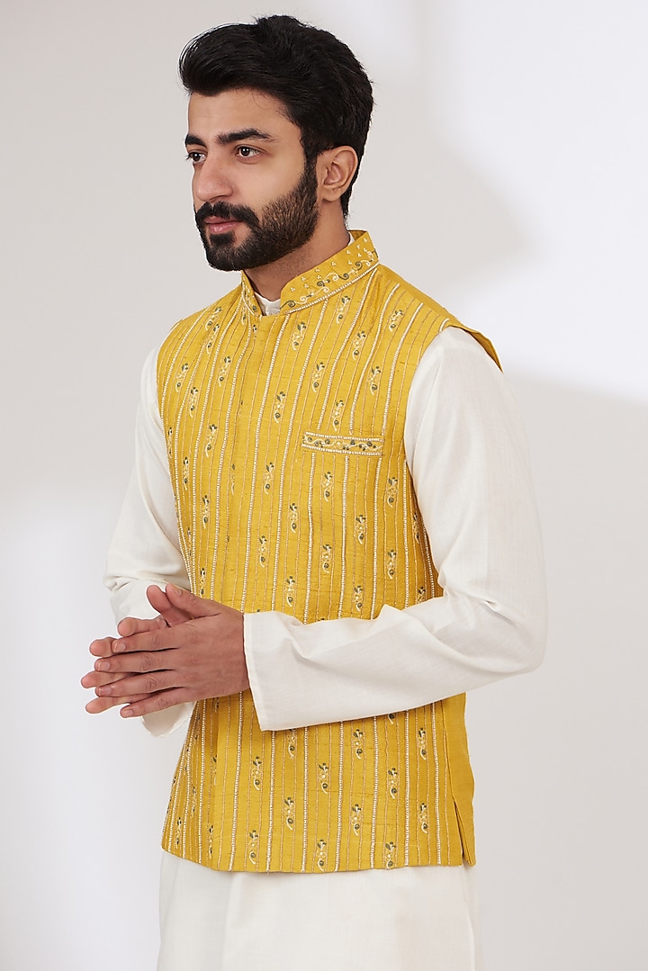 Mustard Yellow Raw Silk Embroidered Nehru Jacket by Yashodhara Men