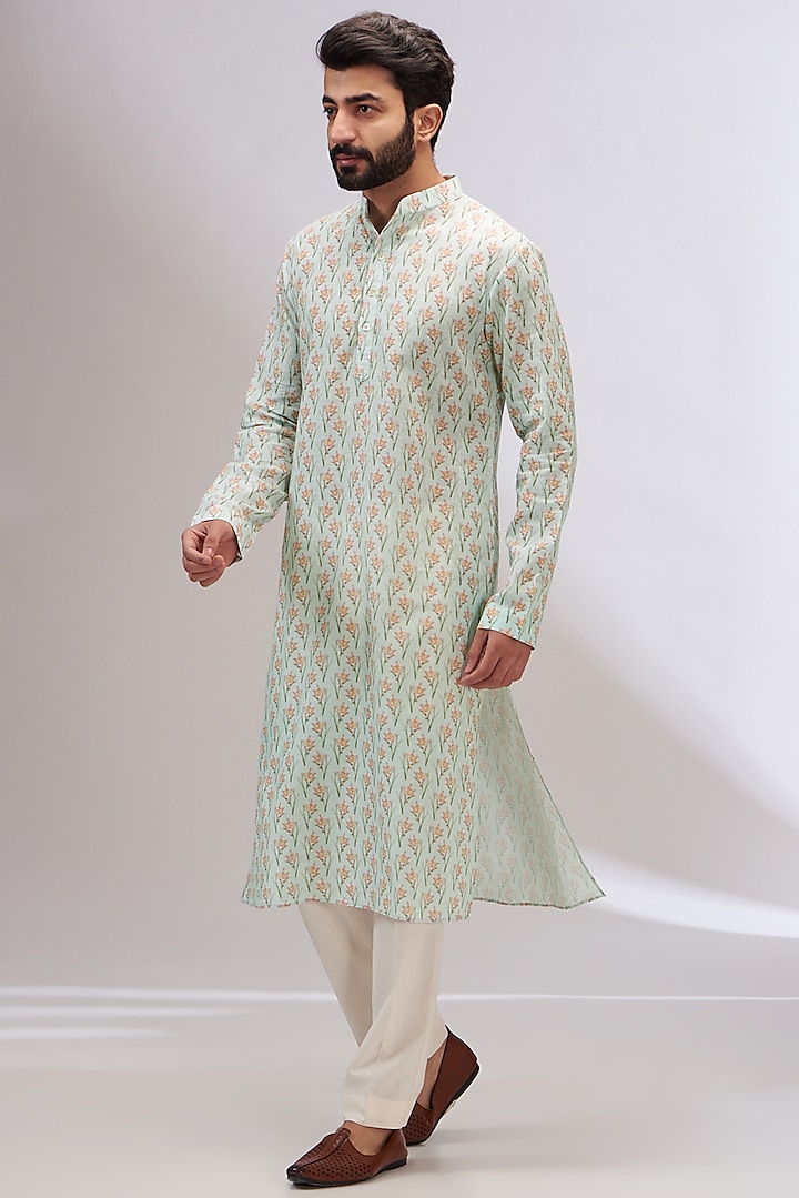 Aqua Cotton Linen Printed Kurta by Yashodhara Men