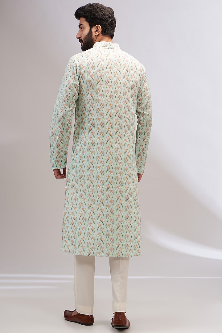 Aqua Cotton Linen Printed Kurta by Yashodhara Men at Pernia's Pop Up Shop