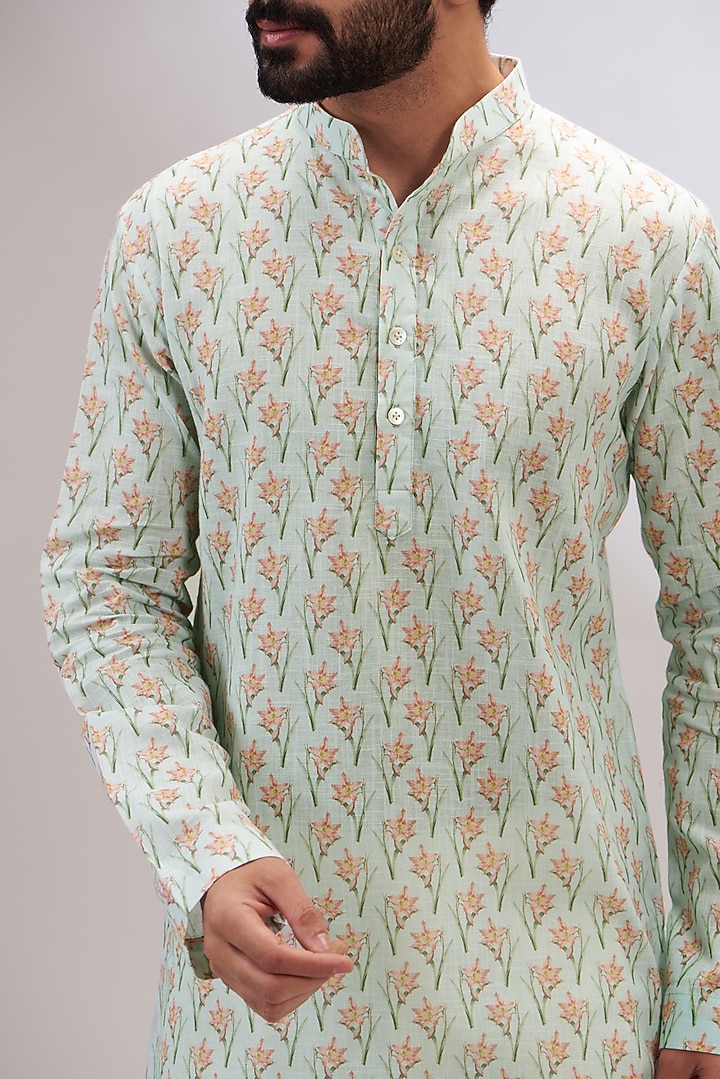 Aqua Cotton Linen Printed Kurta by Yashodhara Men at Pernia's Pop Up Shop