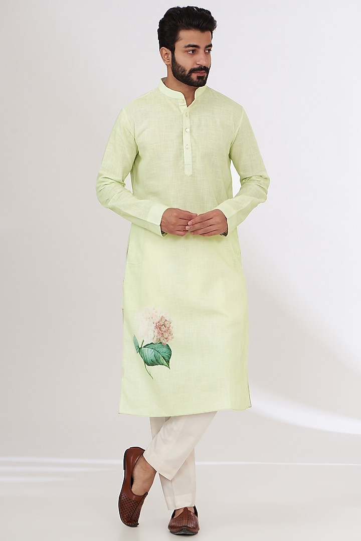 Jade Cotton Linen Printed Kurta by Yashodhara Men at Pernia's Pop Up Shop