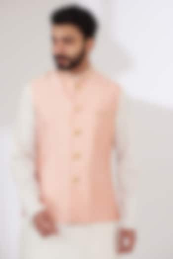 Pink Raw Silk Embroidered Nehru Jacket by Yashodhara Men