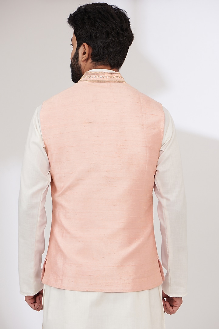 Pink Raw Silk Embroidered Nehru Jacket by Yashodhara Men at Pernia's Pop Up Shop