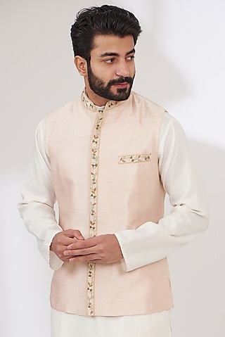 Pink Raw Silk Embroidered Nehru Jacket by Yashodhara Men
