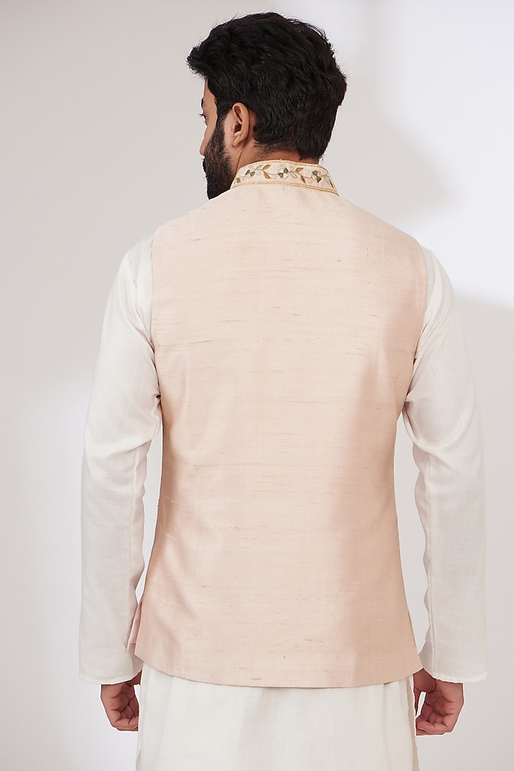 Pink Raw Silk Embroidered Nehru Jacket by Yashodhara Men at Pernia's Pop Up Shop