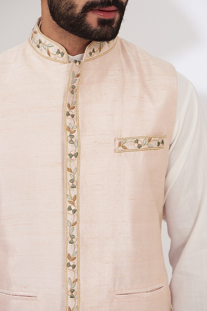 Pink Raw Silk Embroidered Nehru Jacket by Yashodhara Men at Pernia's Pop Up Shop