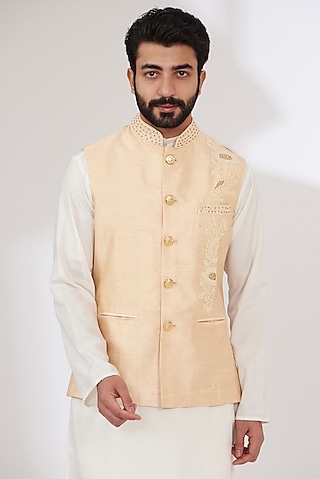 Peach Raw Silk Embroidered Nehru Jacket by Yashodhara Men