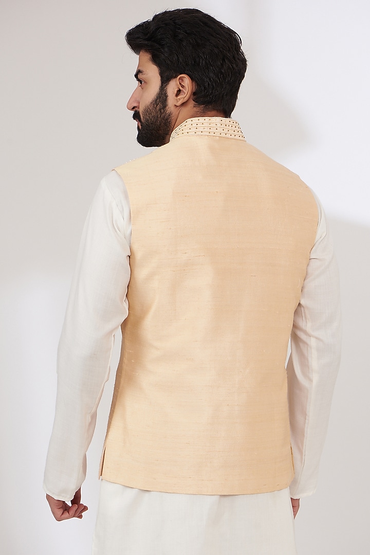 Peach Raw Silk Embroidered Nehru Jacket by Yashodhara Men at Pernia's Pop Up Shop