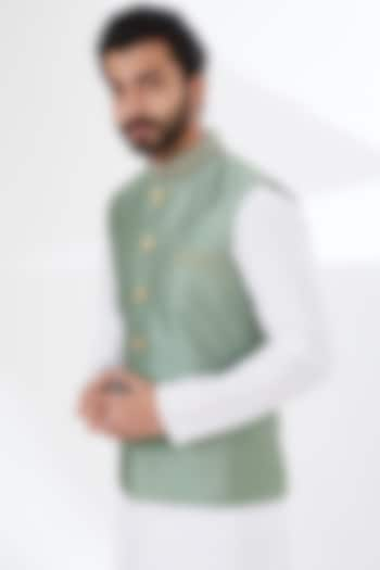 Grey Raw Silk Embroidered Nehru Jacket by Yashodhara Men