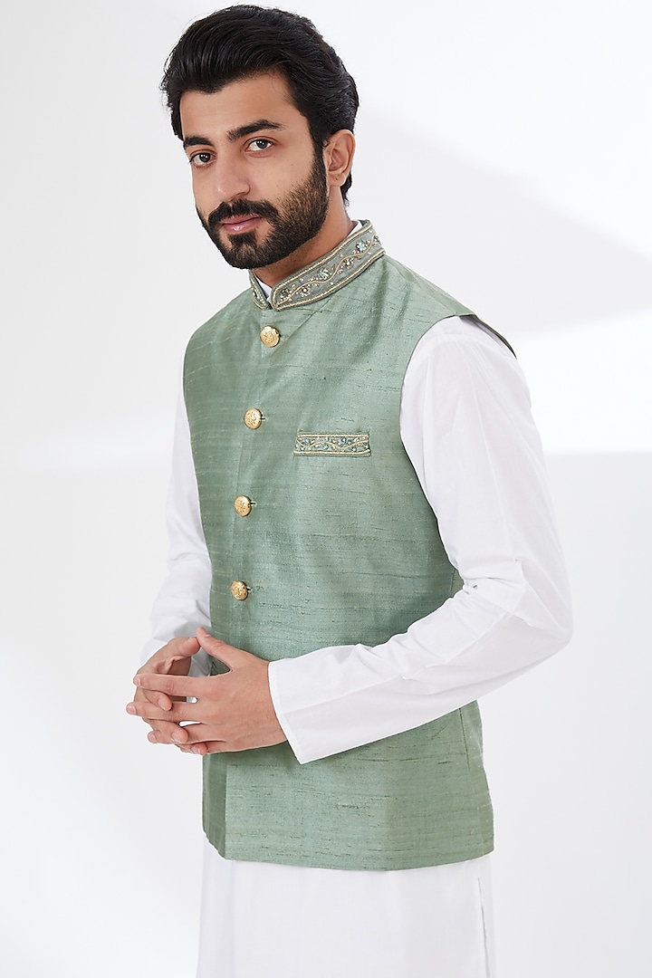 Grey Raw Silk Embroidered Nehru Jacket by Yashodhara Men