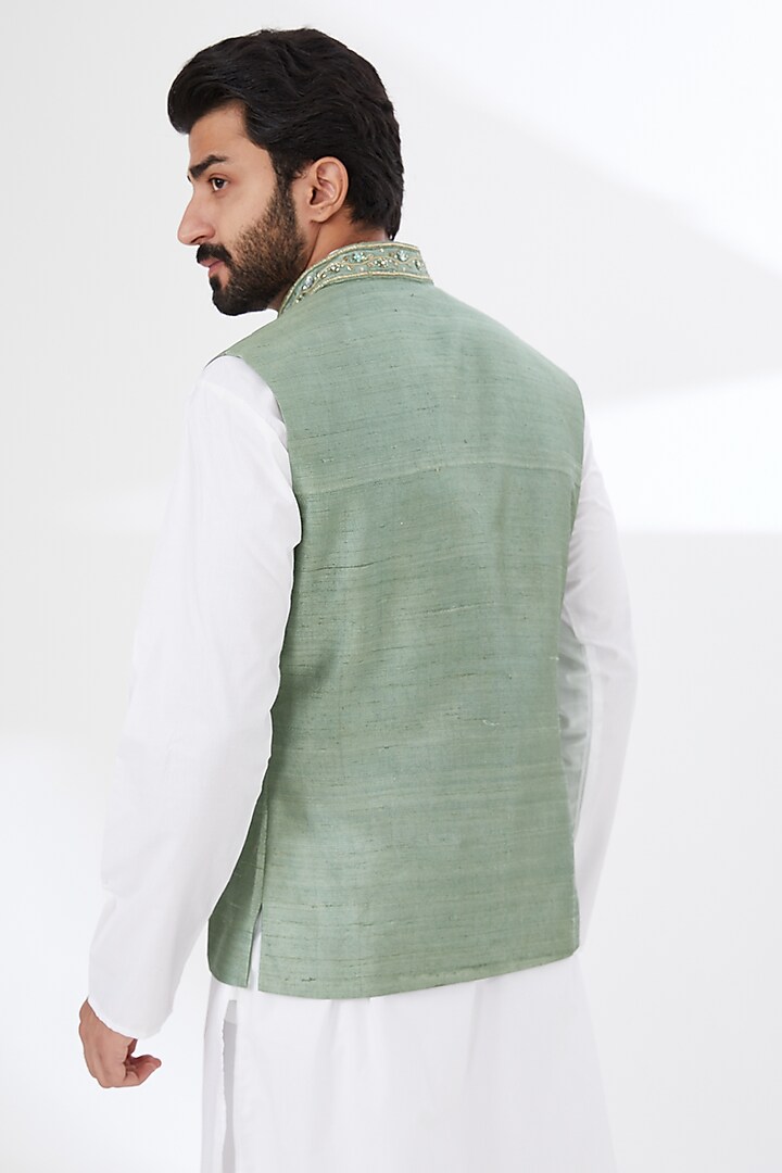 Grey Raw Silk Embroidered Nehru Jacket by Yashodhara Men at Pernia's Pop Up Shop