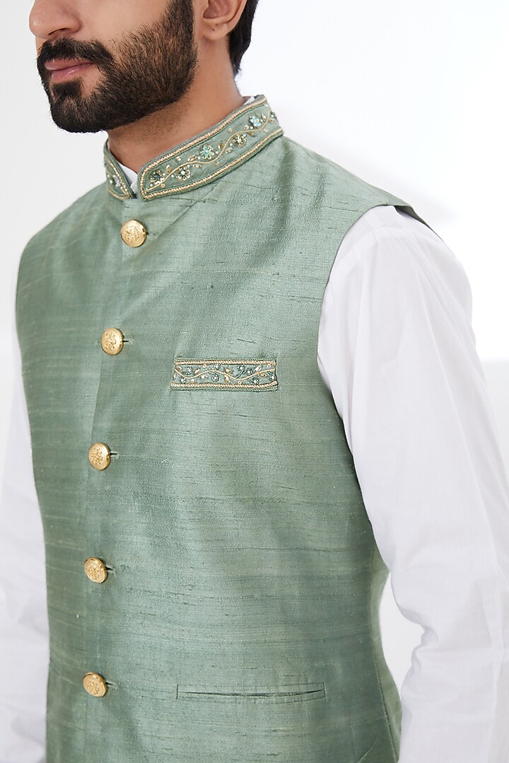 Grey Raw Silk Embroidered Nehru Jacket by Yashodhara Men at Pernia's Pop Up Shop
