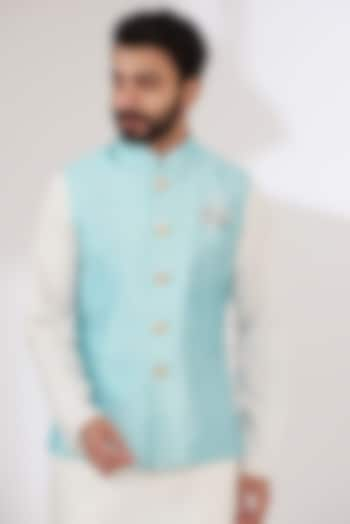 Blue Raw Silk Printed Nehru Jacket by Yashodhara Men at Pernia's Pop Up Shop