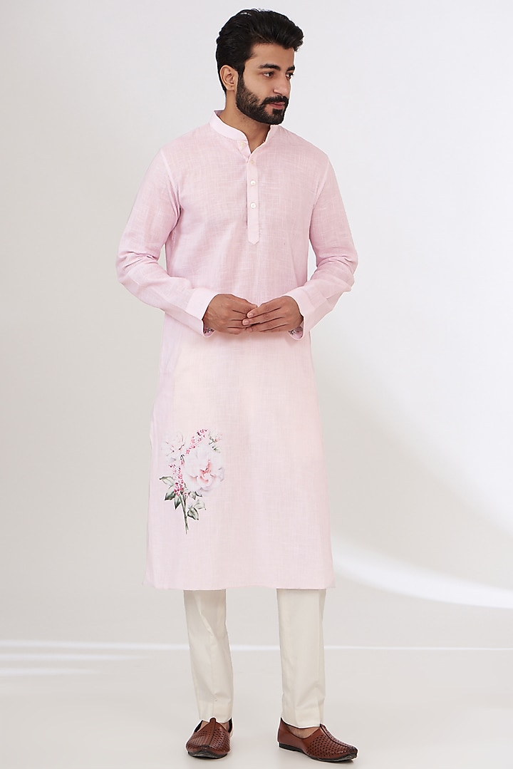 Pink Cotton Linen Printed Kurta by Yashodhara Men