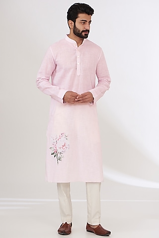 Pink Cotton Linen Printed Kurta by Yashodhara Men