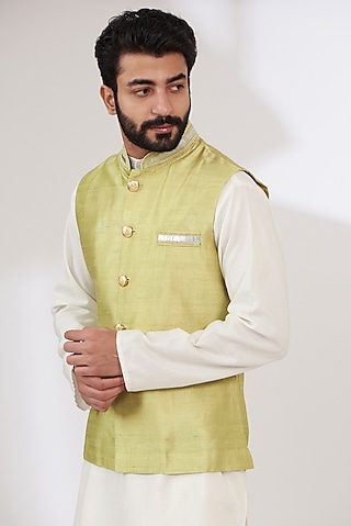 Jade Raw Silk Embroidered Nehru Jacket by Yashodhara Men