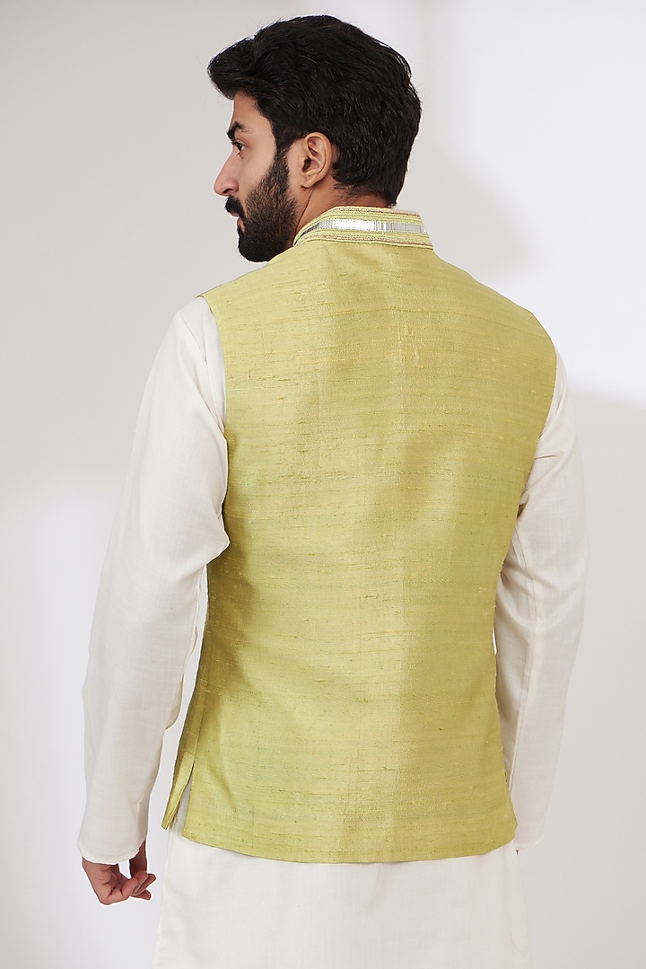 Jade Raw Silk Embroidered Nehru Jacket by Yashodhara Men at Pernia's Pop Up Shop