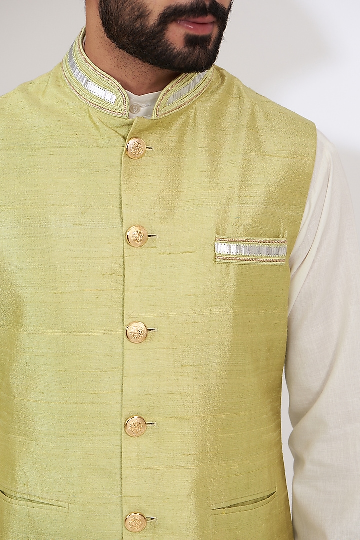 Jade Raw Silk Embroidered Nehru Jacket by Yashodhara Men at Pernia's Pop Up Shop