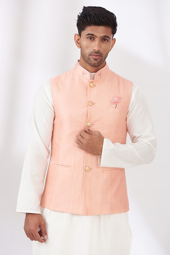 Pink Raw Silk Printed Nehru Jacket by Yashodhara Men
