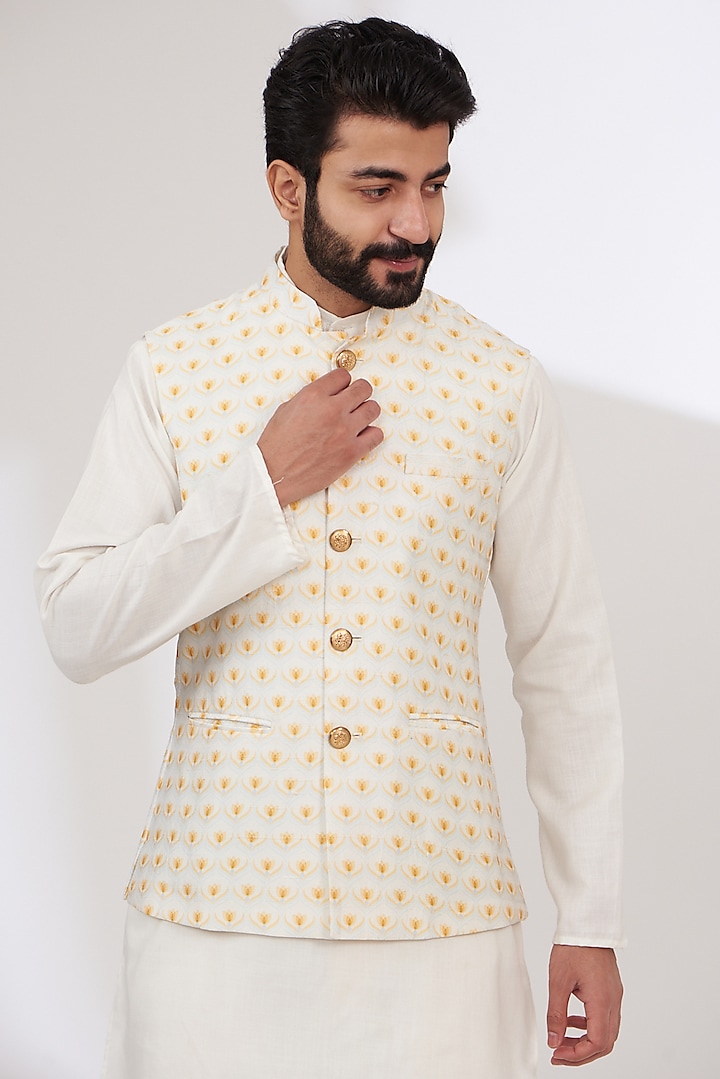 White Raw Silk Printed Nehru Jacket by Yashodhara Men at Pernia's Pop Up Shop