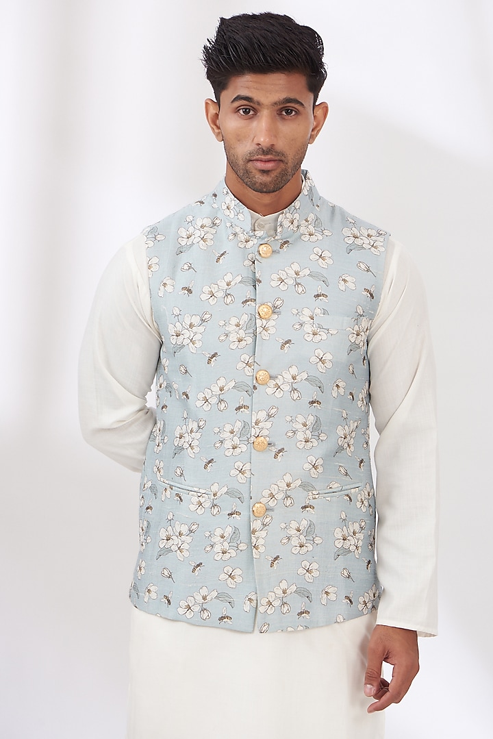 Dull Blue Raw Silk Printed Nehru Jacket by Yashodhara Men