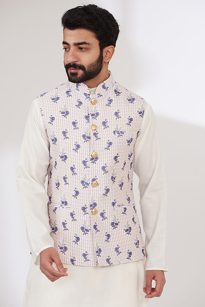 Grey Raw Silk Printed Nehru Jacket by Yashodhara Men