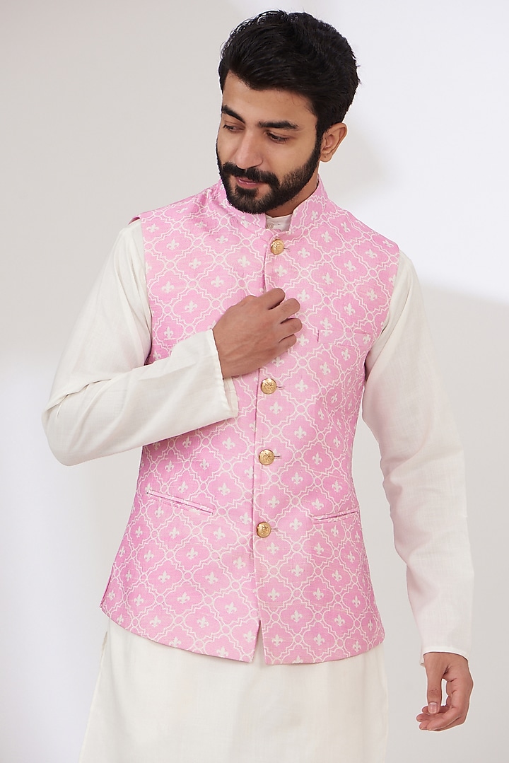 Pink Raw Silk Printed Nehru Jacket by Yashodhara Men