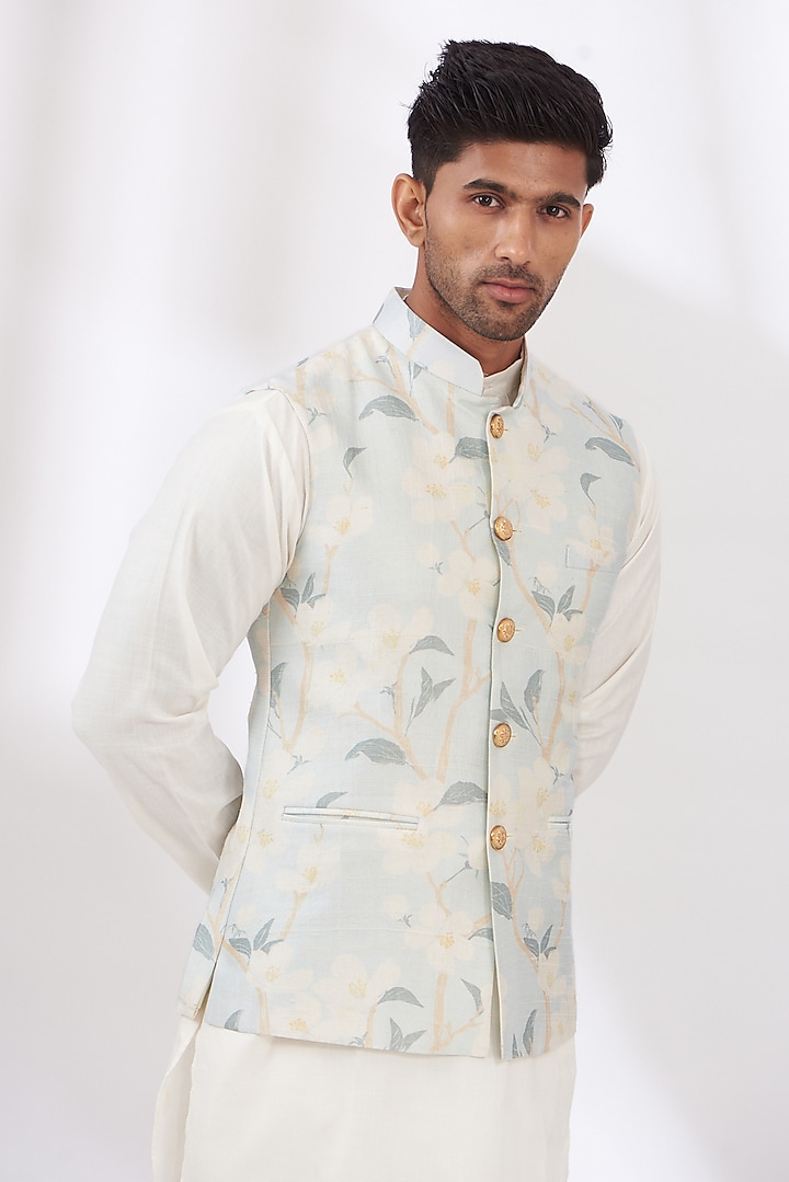 Aqua Blue Raw Silk Printed Nehru Jacket by Yashodhara Men