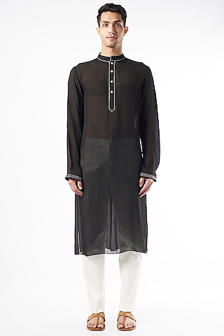 Black Cotton Silk Kurta by Yashodhara Men