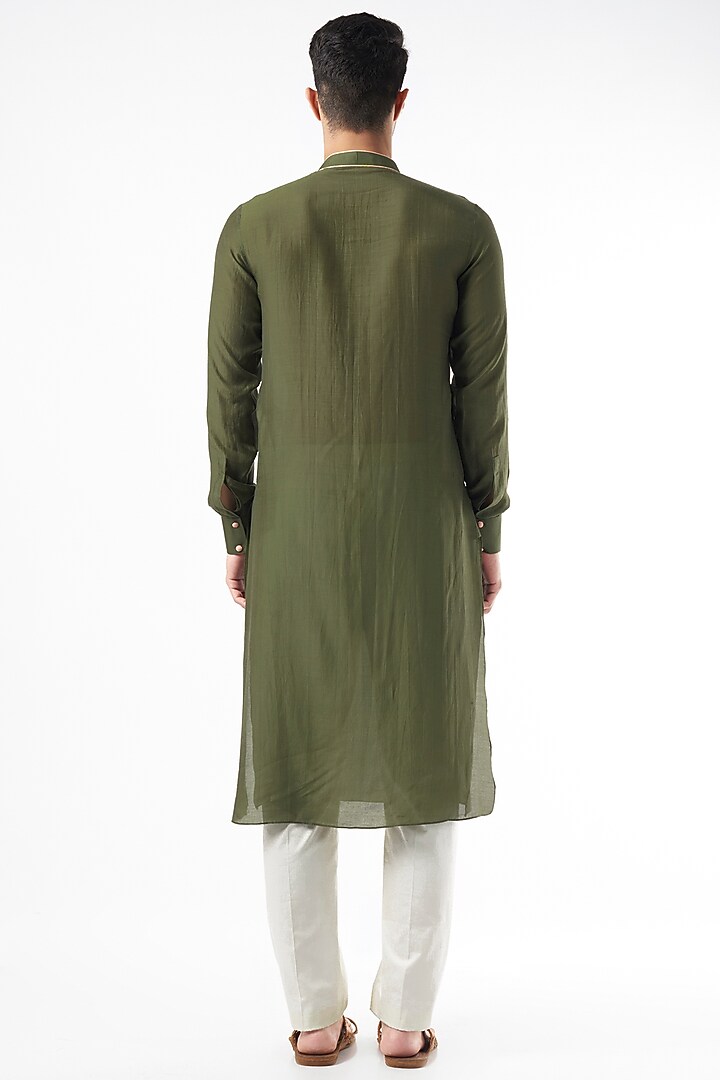Olive Green Cotton Silk Kurta by Yashodhara Men at Pernia's Pop Up Shop