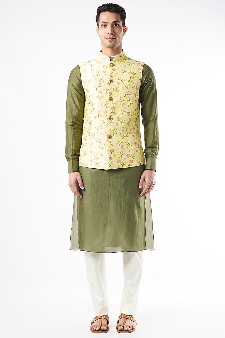 Yellow Raw Silk Nehru Jacket by Yashodhara Men