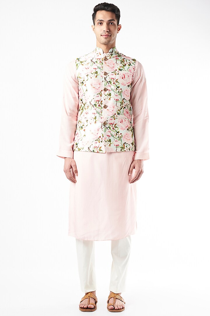 Crystal Pink Raw Silk Floral Nehru Jacket by Yashodhara Men