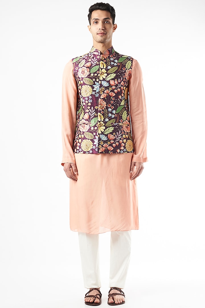 Wine Raw Silk Floral Nehru Jacket by Yashodhara Men