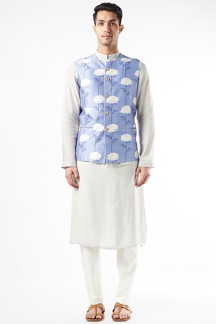 Powder Blue Raw Silk Nehru Jacket by Yashodhara Men