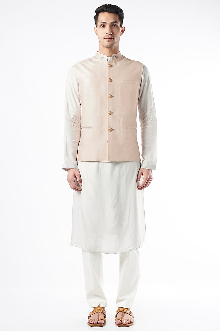 Blush Peach Nehru Jacket In Raw Silk by Yashodhara Men