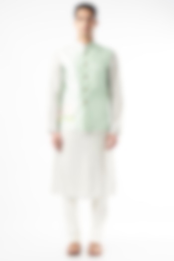 Mint Raw Silk Nehru Jacket by Yashodhara Men