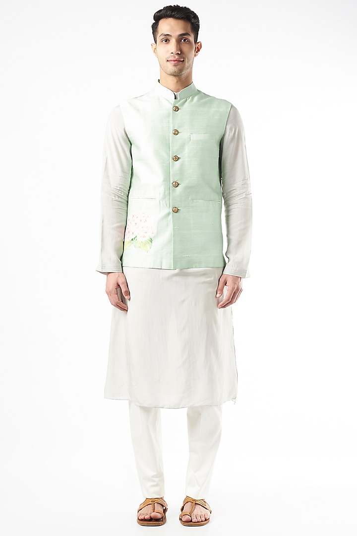 Mint Raw Silk Nehru Jacket by Yashodhara Men