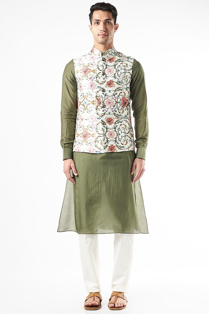 Multi-Colored Raw Silk Nehru Jacket by Yashodhara Men