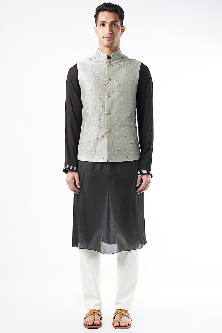 Grey Raw Silk Nehru Jacket by Yashodhara Men