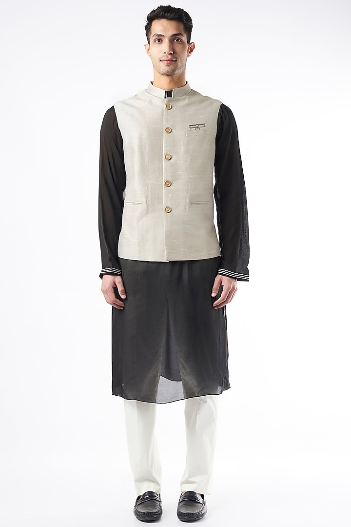 Grey Nehru Jacket In Raw Silk by Yashodhara Men