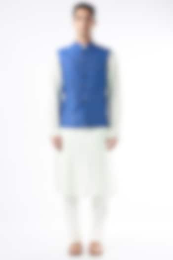 Cobalt Blue Raw Silk Nehru Jacket by Yashodhara Men