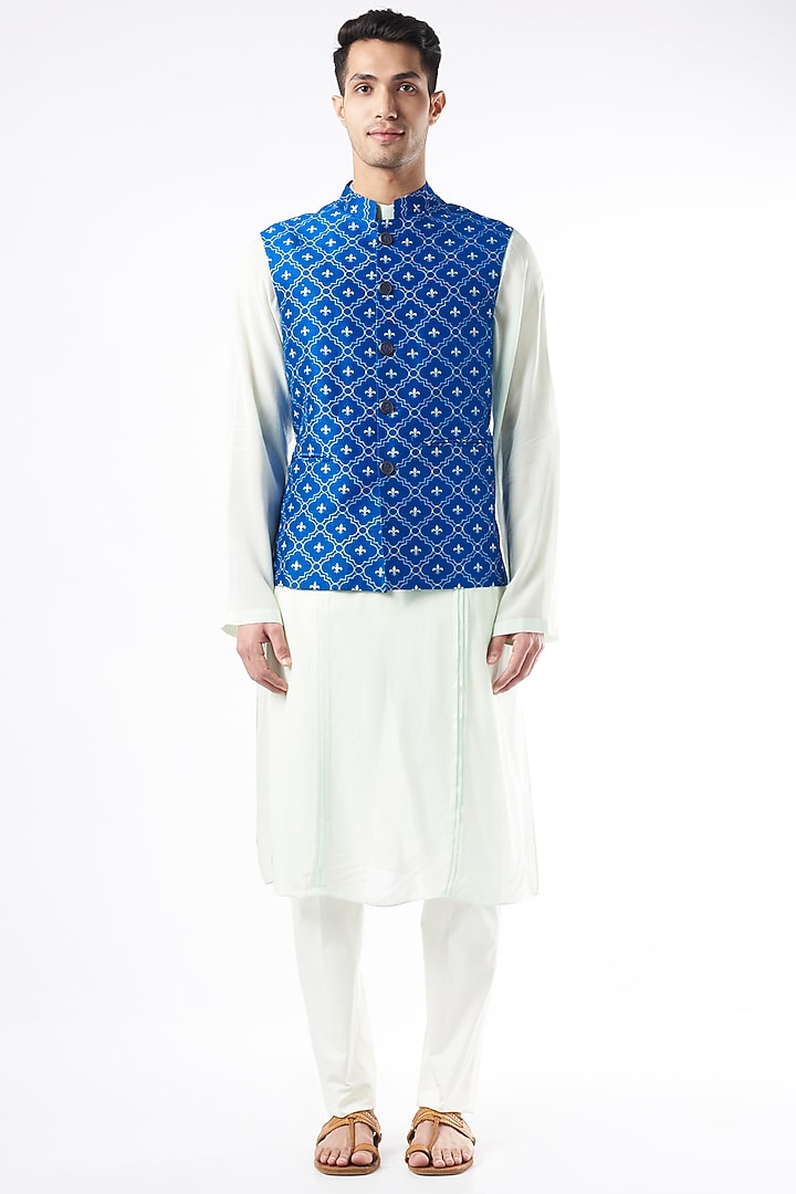 Cobalt Blue Raw Silk Nehru Jacket by Yashodhara Men at Pernia's Pop Up Shop