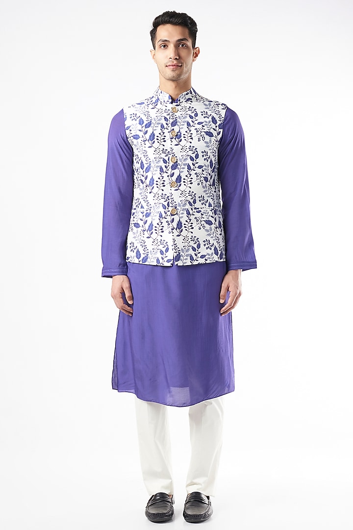 Multi-Colored Raw Silk Floral Nehru Jacket by Yashodhara Men