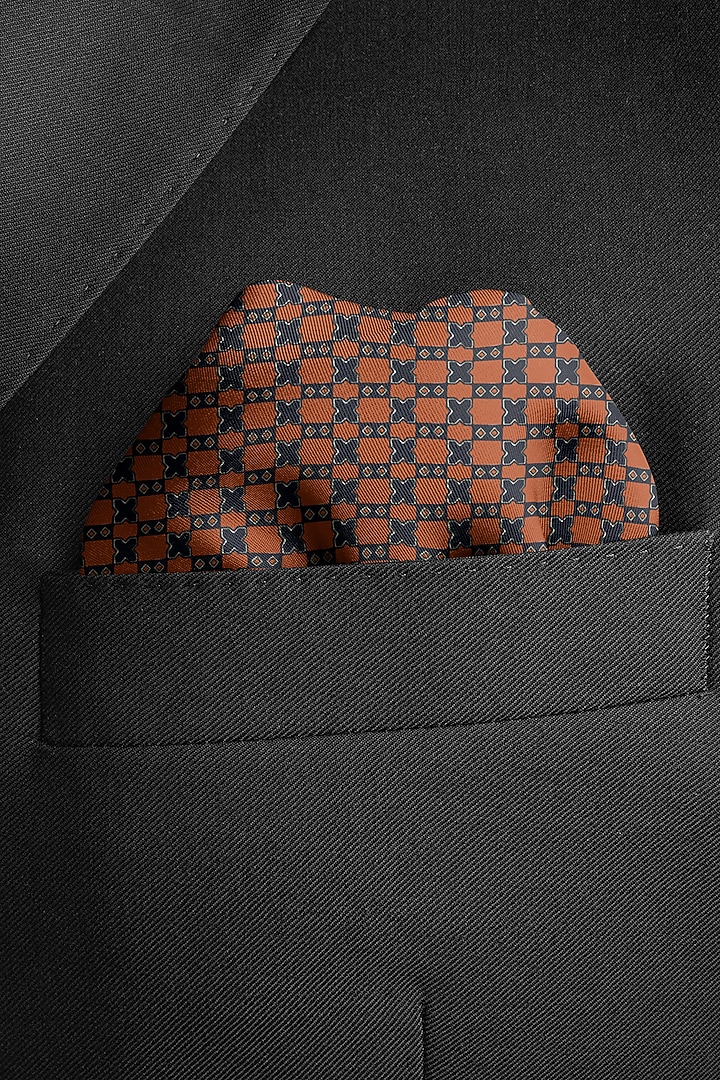 Orange Silk Printed Pocket Square by Yashodhara Men at Pernia's Pop Up Shop