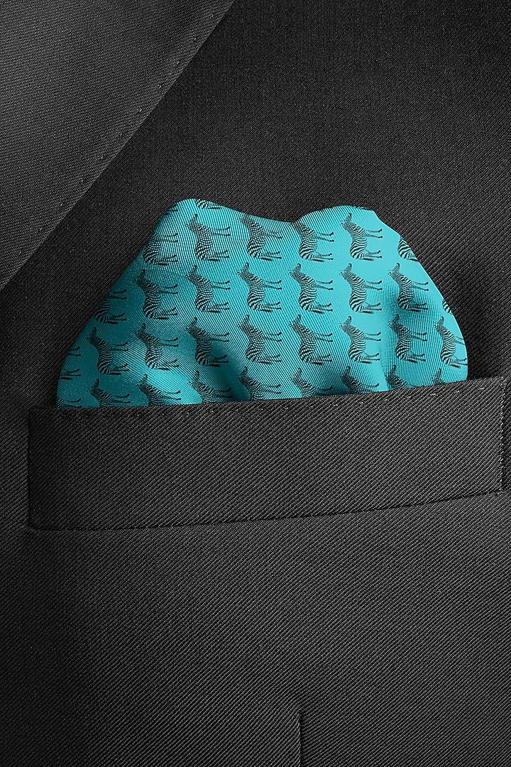 Turquoise Silk Printed Pocket Square by Yashodhara Men at Pernia's Pop Up Shop