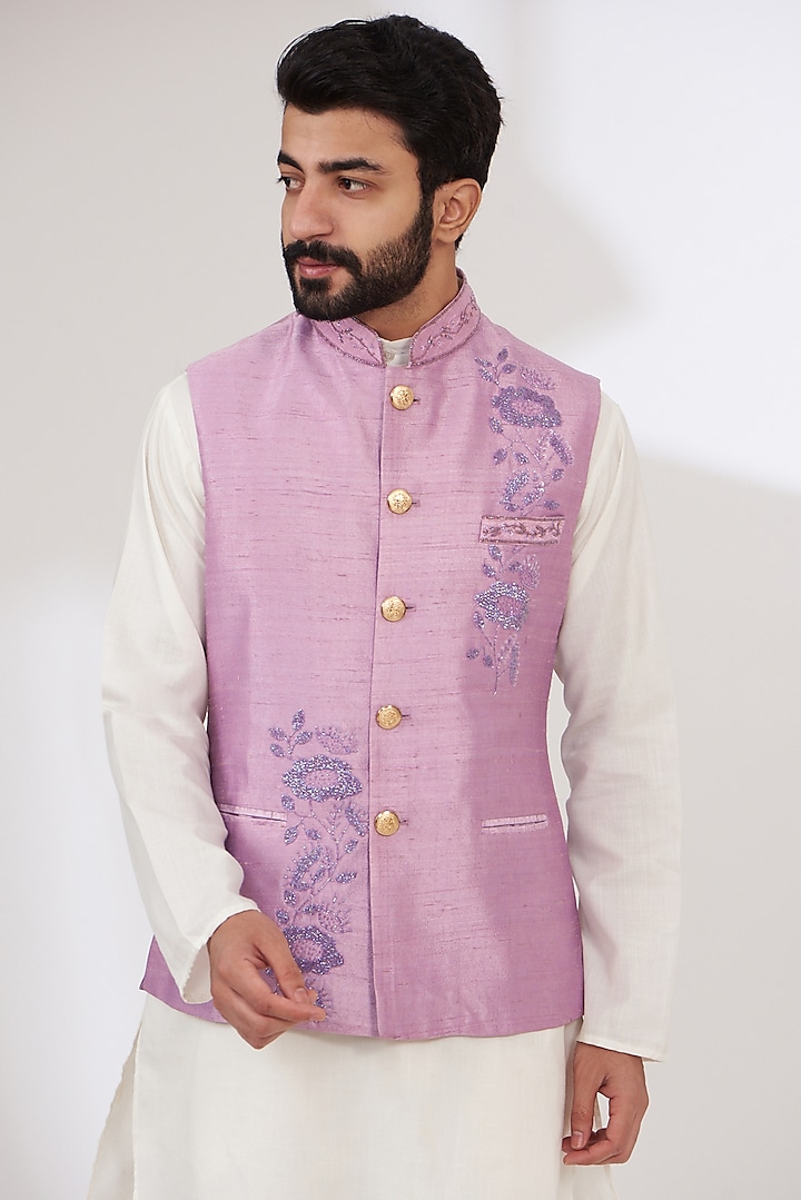 Lilac Raw Silk Embroidered Nehru Jacket by Yashodhara Men